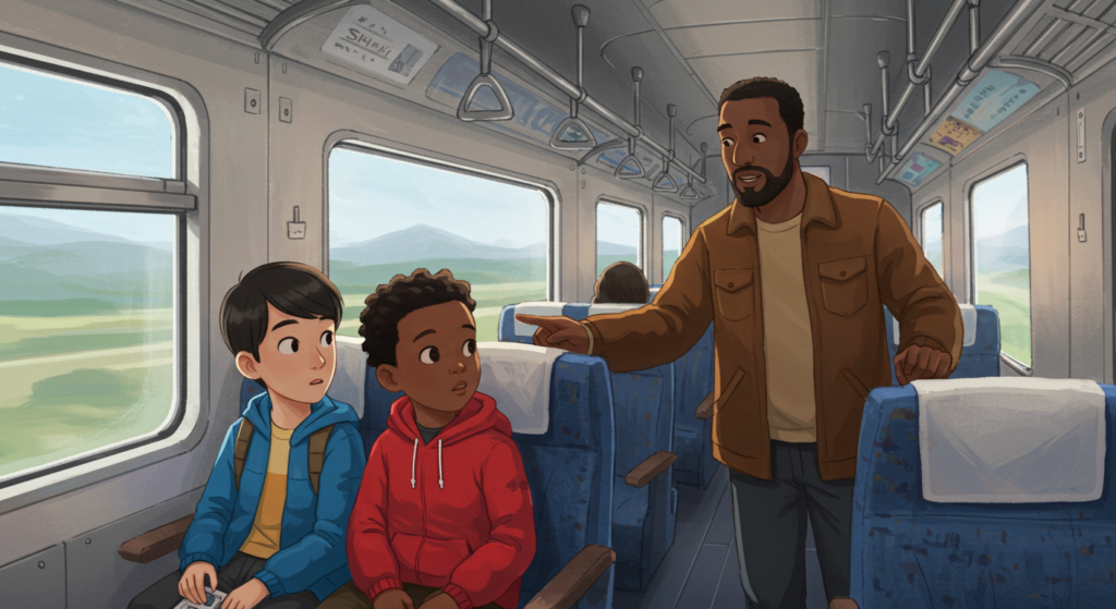 Two boys sit in a train carriage, one with dark hair wearing a blue jacket and the other with curly hair in a red hoodie, while a man in a brown jacket stands and gestures towards them. The background features train seats and windows showing a view of green hills.