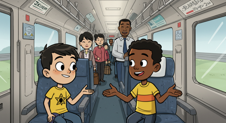 Two animated boys sit in a train, engaged in conversation. One boy wears a yellow shirt with a star design, while the other has on a yellow shirt with an orange stripe. In the background, several other passengers are boarding the train, with a mix of adults and children visible. The interior of the train features gray seats and large windows showing a green landscape outside.