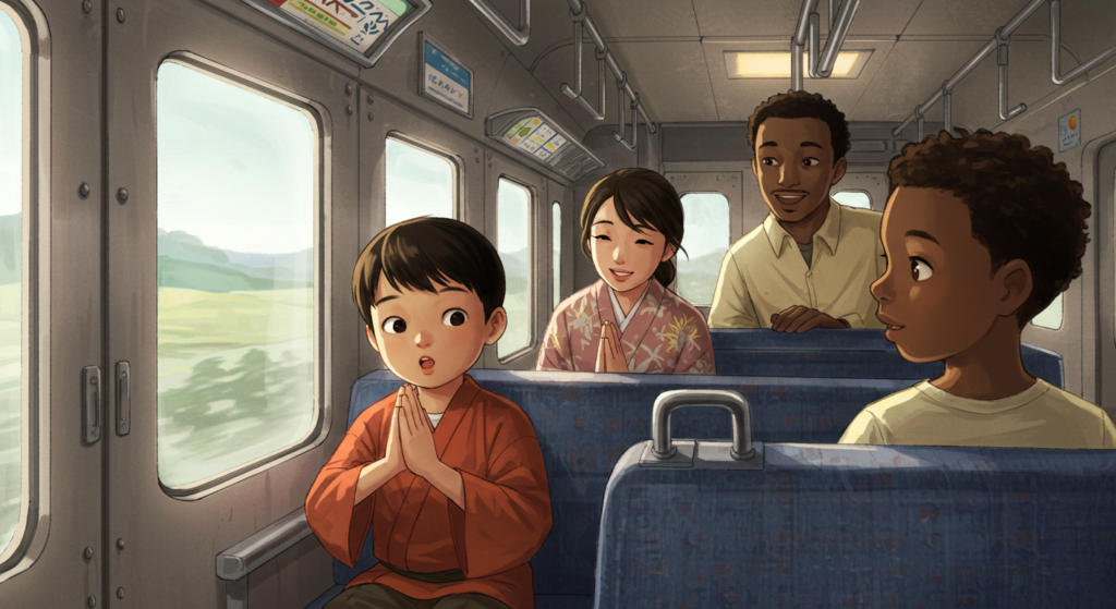 A young boy in traditional clothing looks surprised while seated on a train, with two adults and another child nearby, all smiling and engaged in conversation. The scenery outside the windows shows green hills.