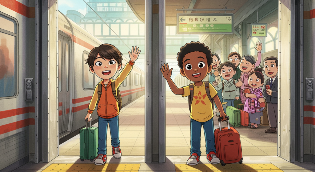 Two animated children, one with brown hair wearing an orange jacket and the other with curly black hair in a yellow shirt, are standing in a train station. They are waving with smiles, each holding a suitcase. Behind them, a group of cheerful adults and children, some carrying bags, are happily greeting them. The scene is set in a bright, bustling train station with visible train tracks and signage.