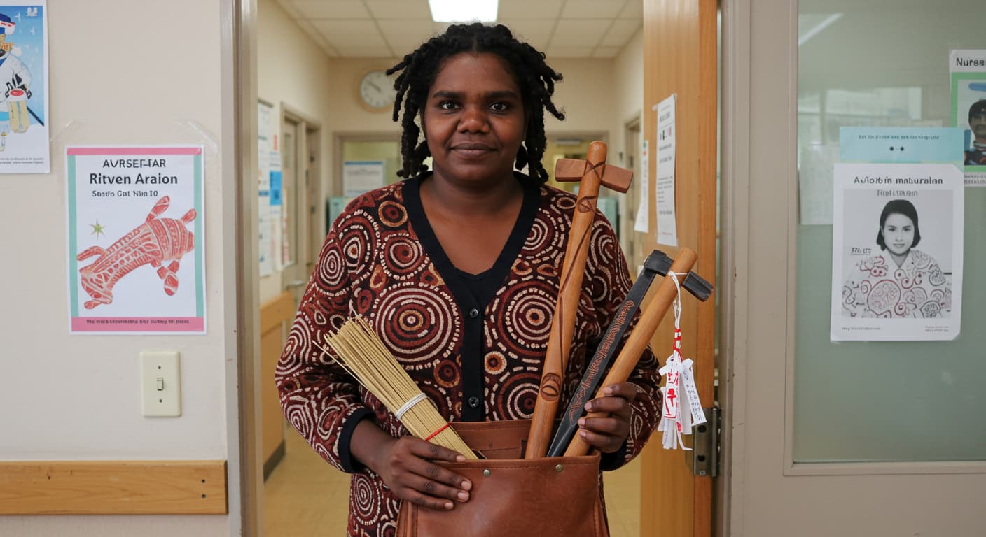 A woman stands in a hallway, holding a large bag filled with various cultural items, including sticks and reeds. She is wearing a patterned black and red sweater and has her hair in loose curls. Posters are visible on the walls behind her.