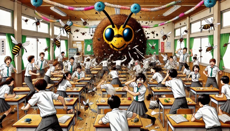 A chaotic classroom scene filled with students in school uniforms reacting in panic and fear as a giant cartoonish bee with a large head and bright yellow features emerges through the ceiling, accompanied by several smaller bees flying around. Papers and debris are scattered, and some students are running, while others appear to be covering their heads.