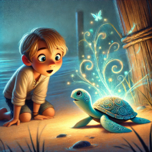 A young boy with blond hair gazes in amazement at a glowing turtle on a sandy beach, illuminated by magical sparkles and surrounded by a tranquil ocean backdrop.