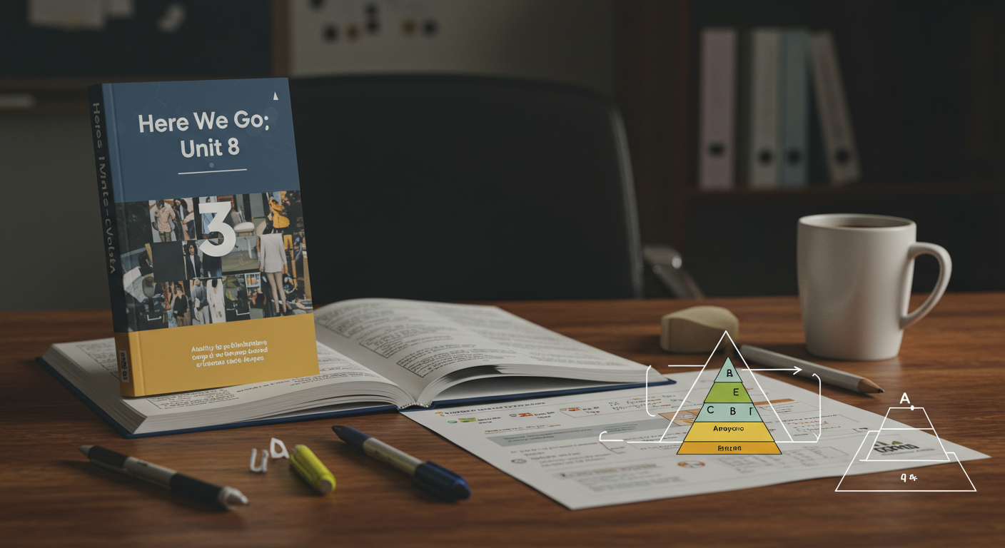 A wooden desk with an open textbook, a closed book titled 'Here We Go; Unit 8', various pens, a coffee mug, an eraser, and printed materials featuring a pyramid graphic and text.