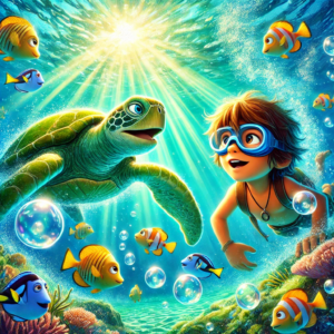 A vibrant underwater scene featuring a young boy wearing blue goggles and a turtle, surrounded by colorful fish and bubbles, with sunlight piercing through the water surface.