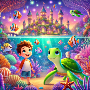 A colorful underwater scene featuring a smiling young boy with curly hair, standing in front of a friendly turtle and various tropical fish. The background includes a vibrant coral reef and a fantastical castle illuminated by lights in the distance, creating a magical atmosphere.