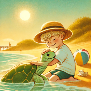 A young boy with a straw hat happily pets a green turtle while sitting at the beach, with gentle waves lapping at his legs. Behind him, a colorful beach ball is nearby, and a pier and some greenery are visible in the background under a warm sunset.