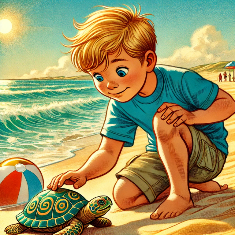 A young boy with blonde hair kneeling on a sandy beach, gently touching a small green turtle with spiral patterns on its shell, while a colorful beach ball is nearby and waves lap at the shore under a bright sun.