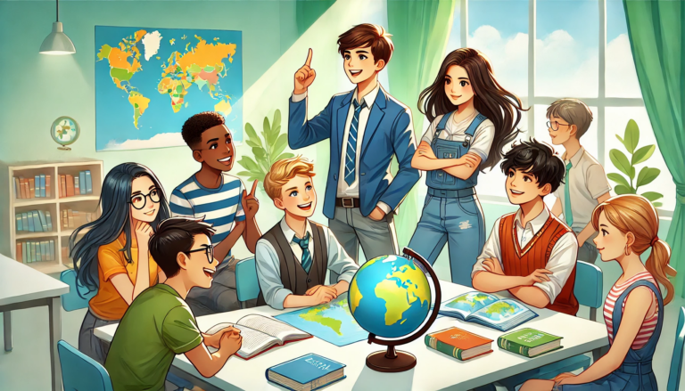 A diverse group of students in a bright classroom, gathered around a table with a globe and open books; one student is enthusiastically pointing while others smile and engage, with a world map on the wall and bookshelves in the background.