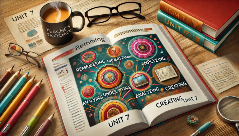 An open book on a wooden table displays colorful illustrations representing different cognitive processes: remembering, understanding, applying, analyzing, and creating, all labeled clearly. Nearby are a steaming coffee mug, glasses, an assortment of colored pencils, and stacked books, contributing to an academic setting.