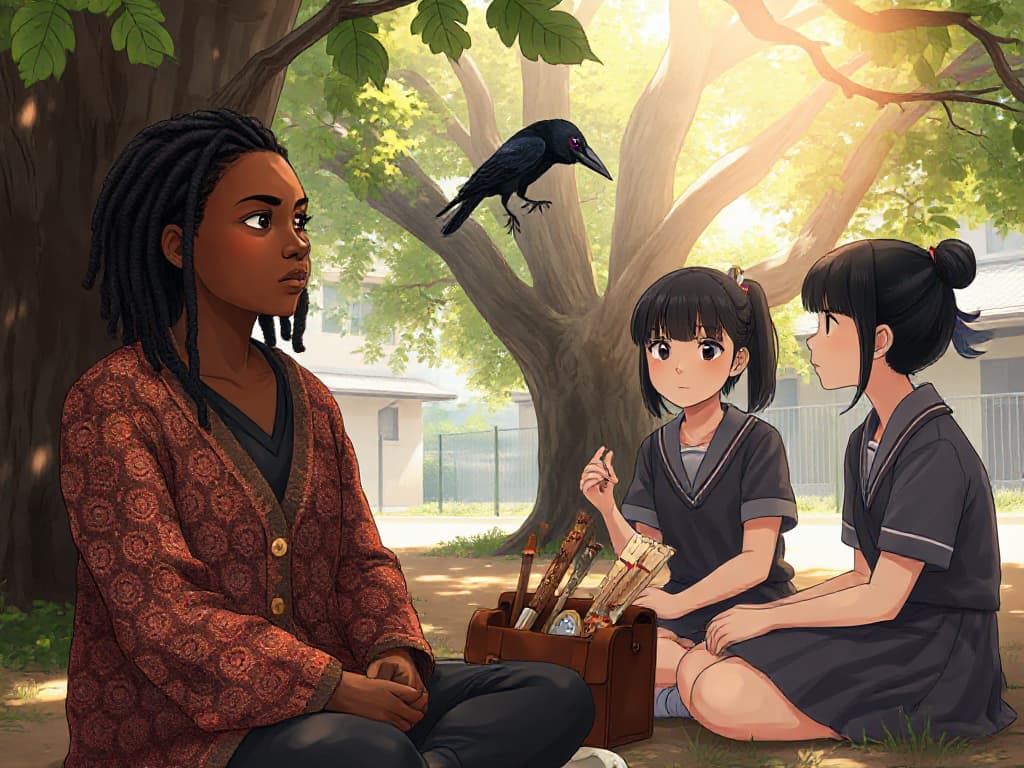 A young black girl with dreadlocks sits cross-legged under a tree, looking contemplative, while two girls in gray school uniforms sit nearby. One girl is holding a craft tool, and they have a picnic-like set-up with various art supplies in a box next to them, as a black crow perches above.