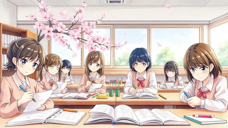 A group of six animated schoolgirls studying at a classroom table, surrounded by books and stationery, with a cherry blossom tree visible through the window.