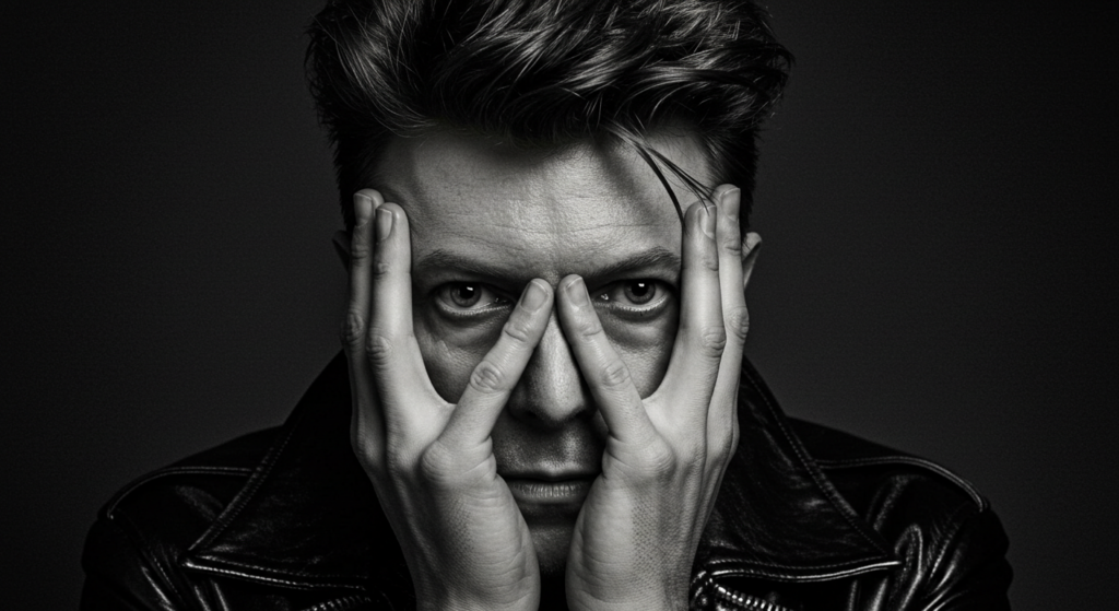 A black and white portrait of a person with styled hair, holding their hands up to their face, partially covering their eyes, wearing a leather jacket, against a dark background.