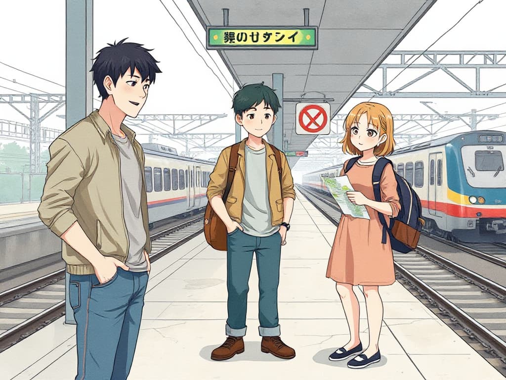 Three animated characters standing on a train station platform; a young man with black hair wearing a beige jacket, a boy with green hair in a brown shirt, and a girl with blonde hair in a pink dress holding a map, with a train and a sign in the background.