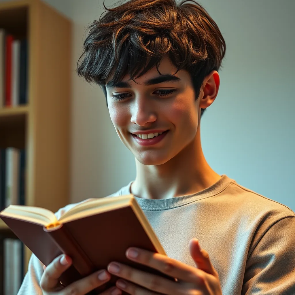 A young man with stylish, tousled hair smiles while reading a brown book in a cozy, softly lit room with shelves in the background.