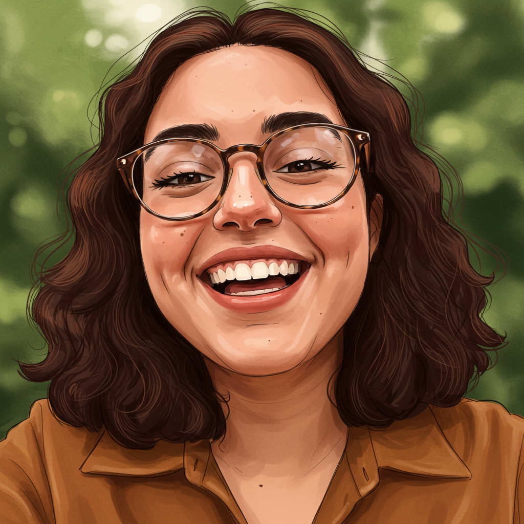 A smiling young woman with curly hair and round glasses, wearing a brown shirt, with a blurred green background that suggests a natural outdoor setting.