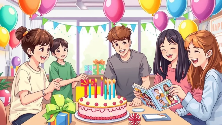 A lively birthday celebration scene featuring five cheerful children and teenagers around a cake with lit candles, colorful balloons, and decorative banners. One girl holds a photo album, while another boy is excitedly preparing to blow out the candles. Gifts are placed on the table, creating a festive atmosphere.