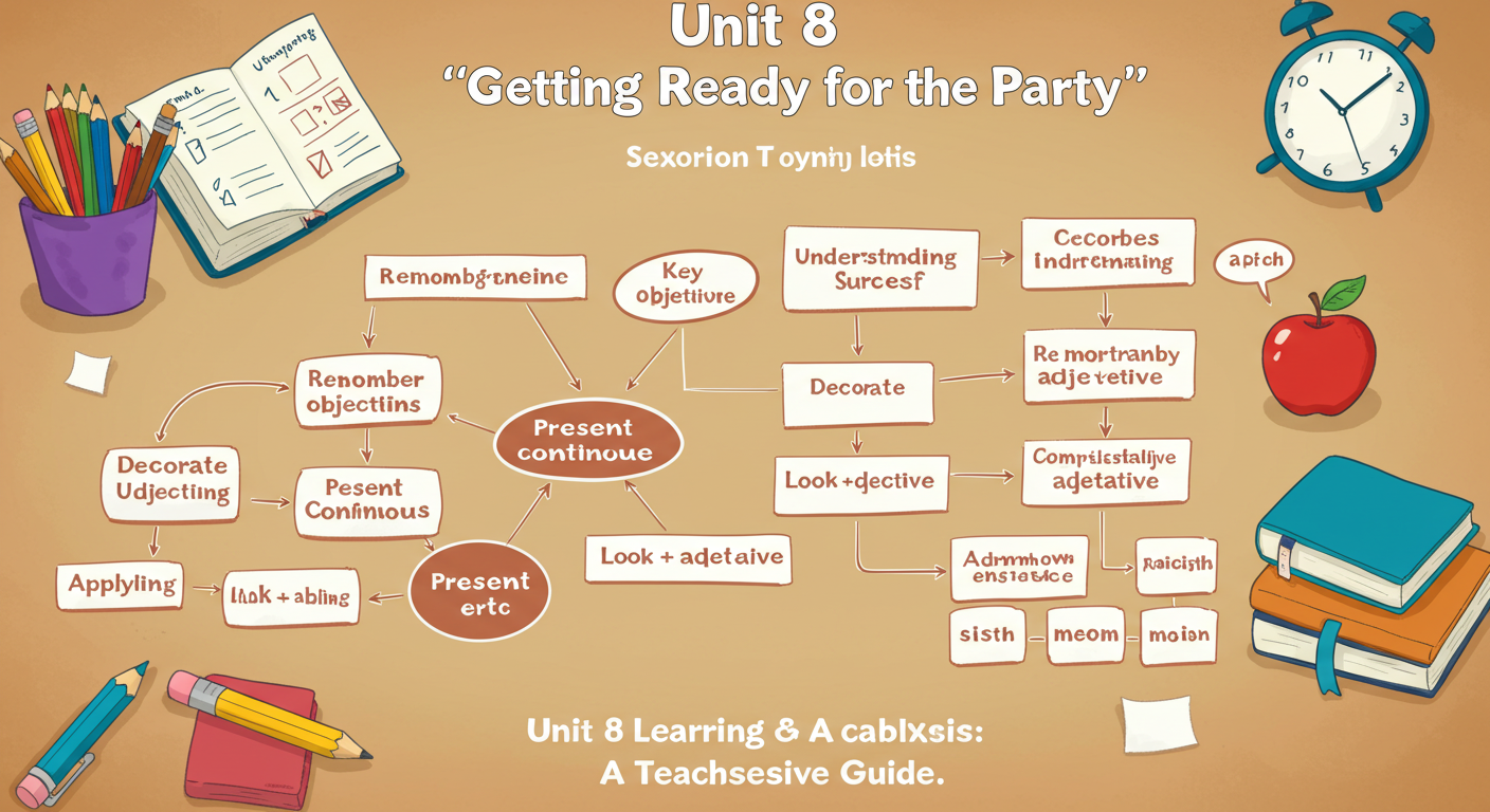 A colorful academic chart labeled 'Unit 8: Getting Ready for the Party' that illustrates various elements of the English language, including the structure of sentences, adjectives, and grammatical tenses like Present Continuous and Present Simple, presented in a playful, cartoonish style, with a pencil holder, notebooks, and an apple on a wooden background.