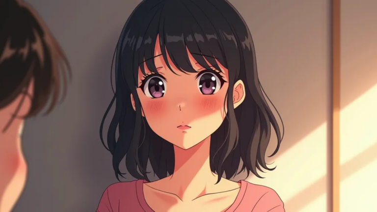 A young female character with short black hair and large, expressive purple eyes, wearing a pink shirt. She appears flustered or shy, with a slight blush on her cheeks, set against a softly lit background.