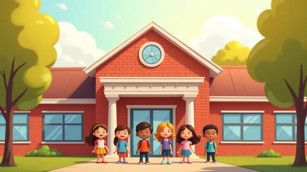 A group of six animated children standing in front of a red-brick school building with white pillars and large windows, under a clear blue sky with fluffy clouds. The children are wearing colorful clothing and smiling.