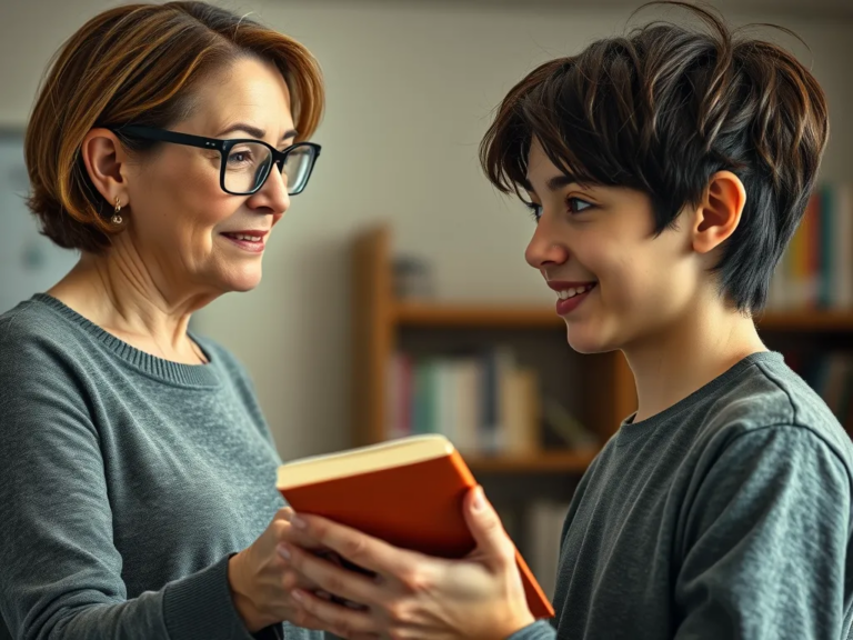 A woman with short brown hair and glasses smiles as she hands a book to a young person with short, dark hair, who is also smiling. They are indoors, with bookshelves in the background, creating a warm, intimate atmosphere.