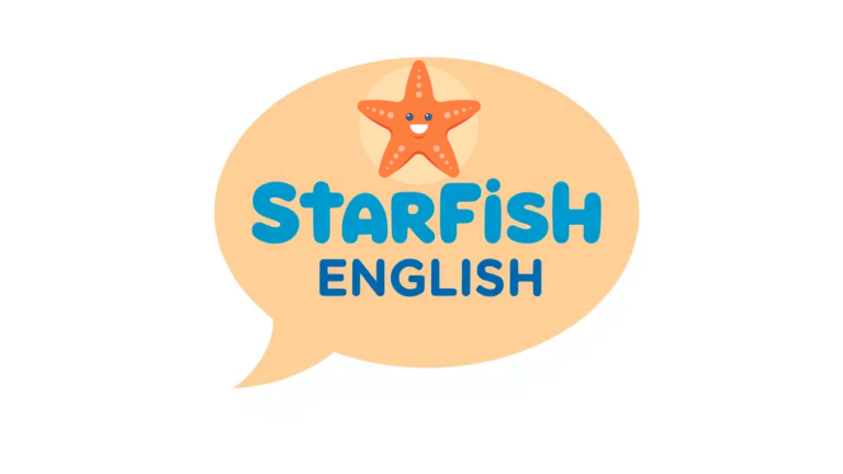 Logo for 'Starfish English' featuring the text in blue inside a speech bubble with an orange background, accompanied by a smiling starfish illustration above the text.