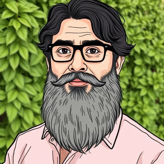 A stylized illustration of a man with a full grey beard and glasses, wearing a light pink shirt, set against a background of green leaves.