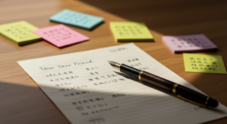 A handwritten letter titled 'Dear Dear Friend' lies on a wooden table beside colorful sticky notes in pink, green, and blue, with a fountain pen resting on the paper, highlighting personal notes in a soft, warm light.