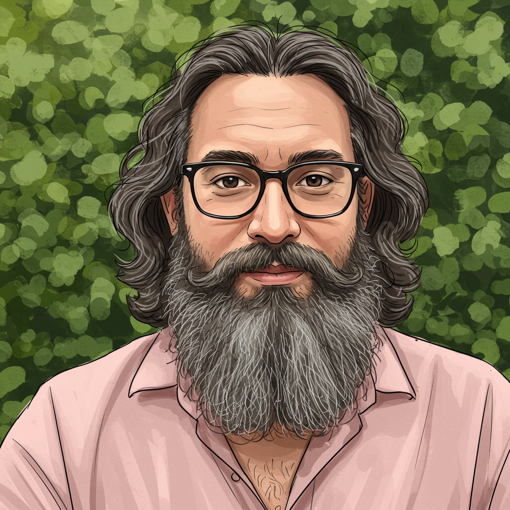 A digital illustration of a man with long, wavy hair, a full beard, and glasses, wearing a light pink shirt. The background features a blurred green foliage pattern.