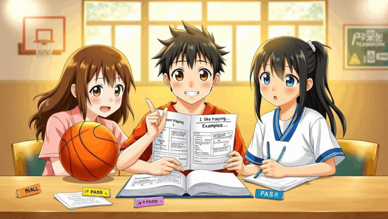 Three animated characters sitting at a table in a school setting; one boy in an orange shirt holds up a paper with 'I like playing...' written on it, while a girl with brown hair in a pink shirt smiles beside a basketball, and another girl with long black hair in a white shirt looks surprised, both are surrounded by notebooks and papers with labels such as 'PASS' and 'FOOD.' Behind them is a basketball hoop and a teamwork sign on the wall.