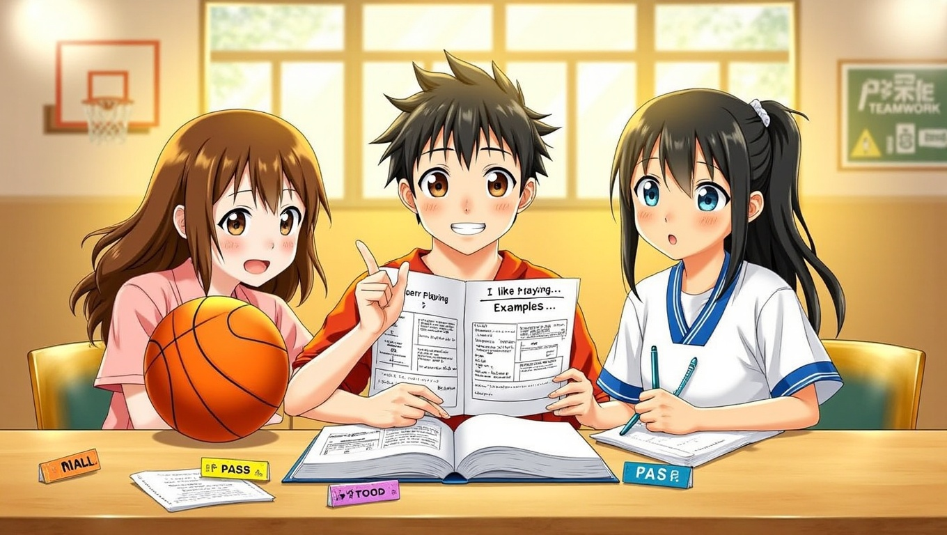 Three animated characters sitting at a table in a school setting; one boy in an orange shirt holds up a paper with 'I like playing...' written on it, while a girl with brown hair in a pink shirt smiles beside a basketball, and another girl with long black hair in a white shirt looks surprised, both are surrounded by notebooks and papers with labels such as 'PASS' and 'FOOD.' Behind them is a basketball hoop and a teamwork sign on the wall.